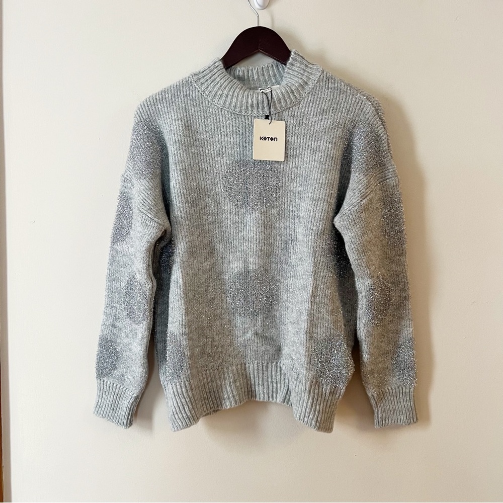 Koton Gray Metallic Polka Dot Mock Neck Sweater Size Small NEW